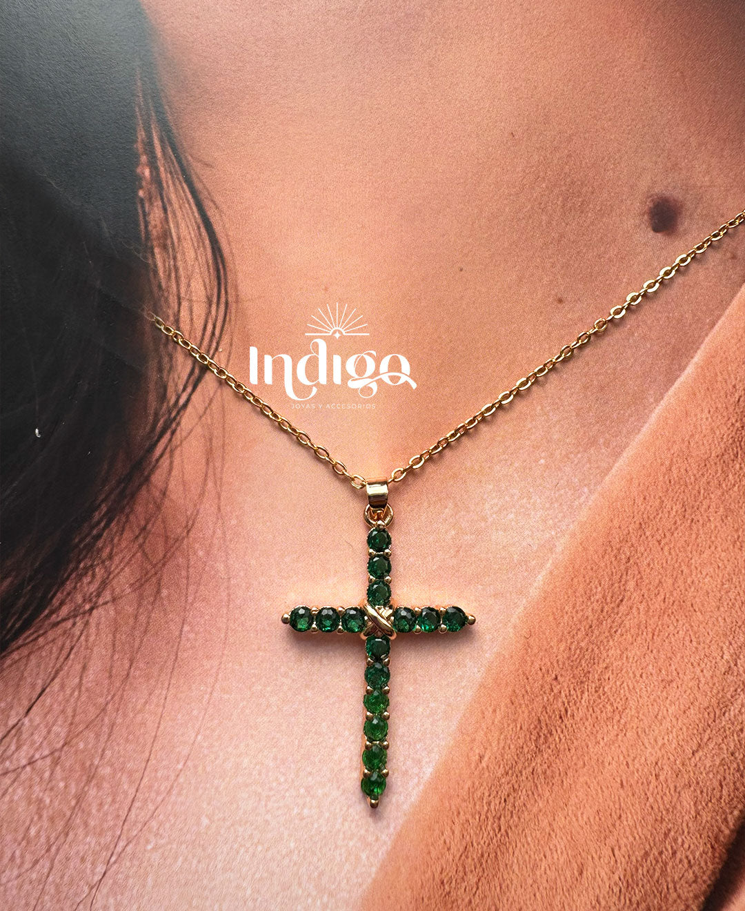 💚 Juego de Cadena y Topos Verdes con Cruces en Rodio