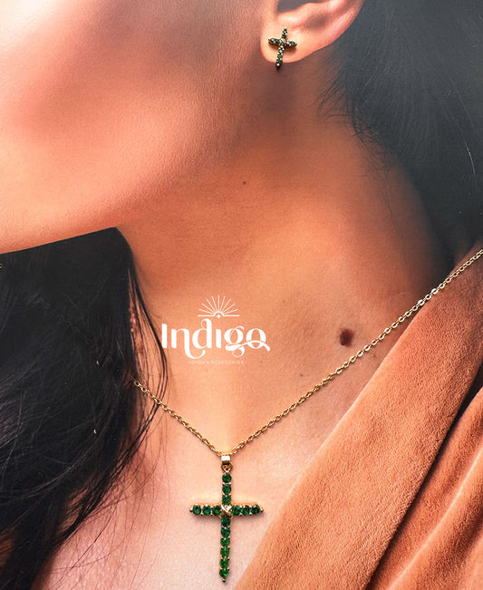 💚 Juego de Cadena y Topos Verdes con Cruces en Rodio