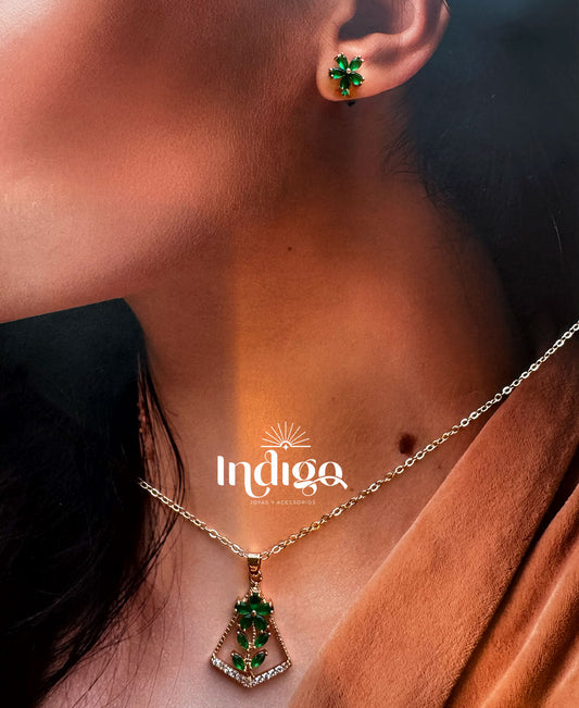🌸 Juego Cadena Flor Verde en Rodio