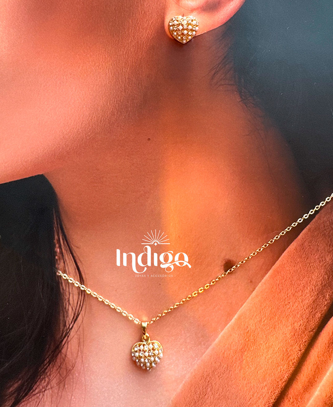 💛 Juego Cadena y Topos con Incrustaciones de Piedras en Forma de Corazón