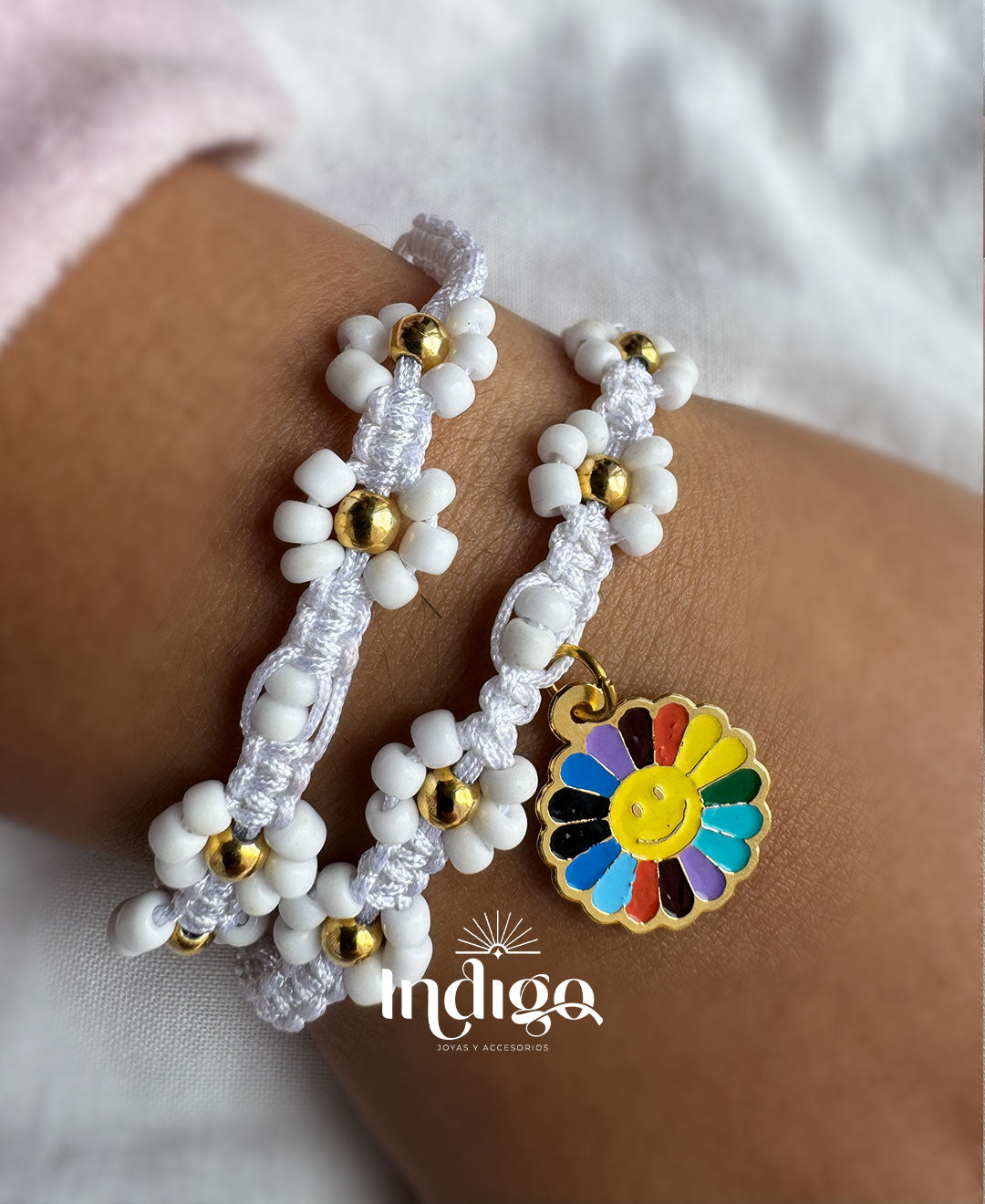 🌼 Pulseras para Niña Tejidas con Margaritas y Dijes