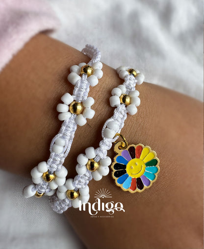 🌼 Pulseras para Niña Tejidas con Margaritas y Dijes