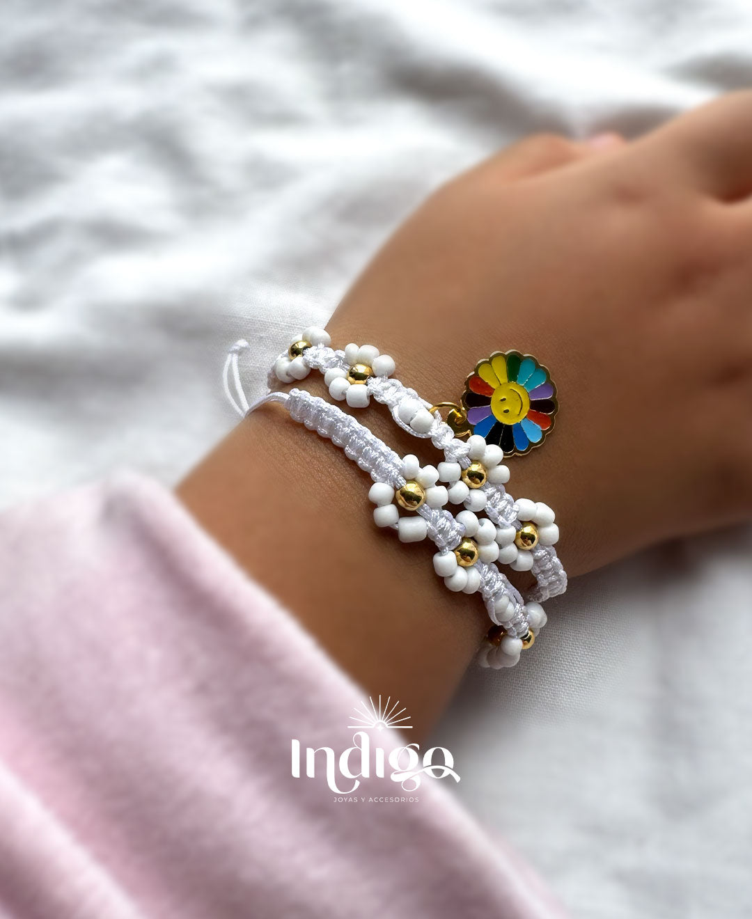 🌼 Pulseras para Niña Tejidas con Margaritas y Dijes